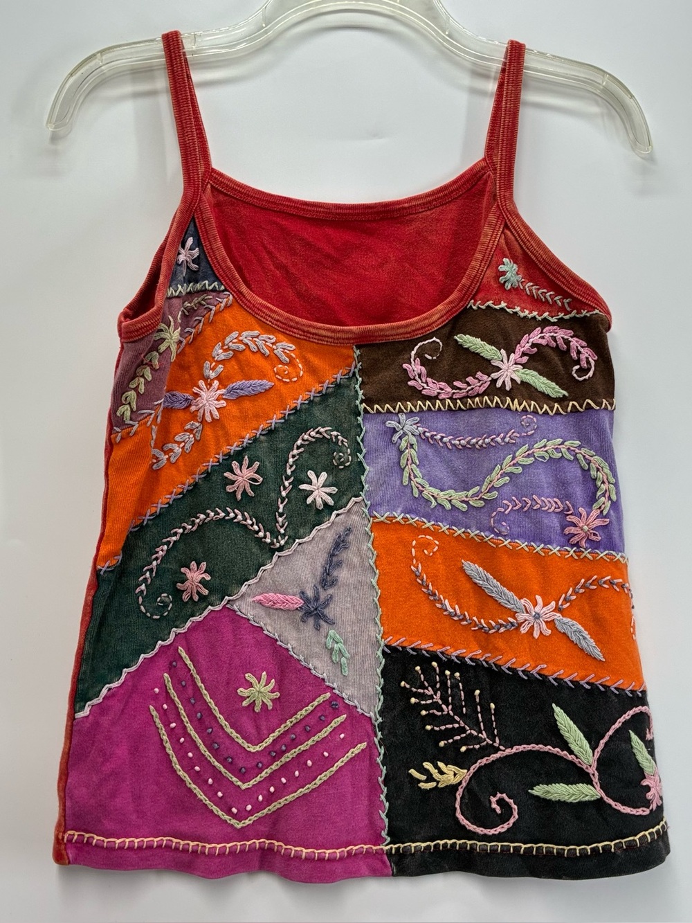 Boho Bohemian Hippie Quilted Embroidered Tank Top Medium Cotton Floral Red